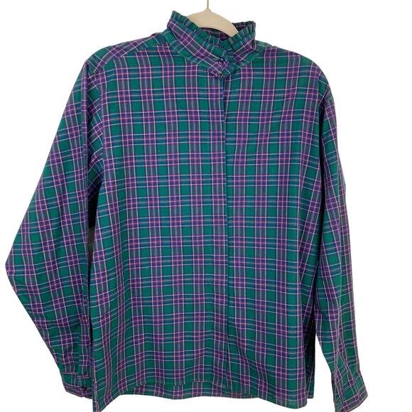 Vintage Womens L Green Plaid Puff Sleeve Ruffle Shirt Dark Academia Office Retro - Picture 1 of 10